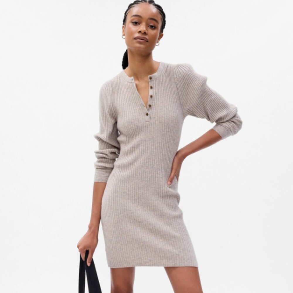 Gap Women's Ribbed Henley Sweater Knit Long Sleeve Mini Dress